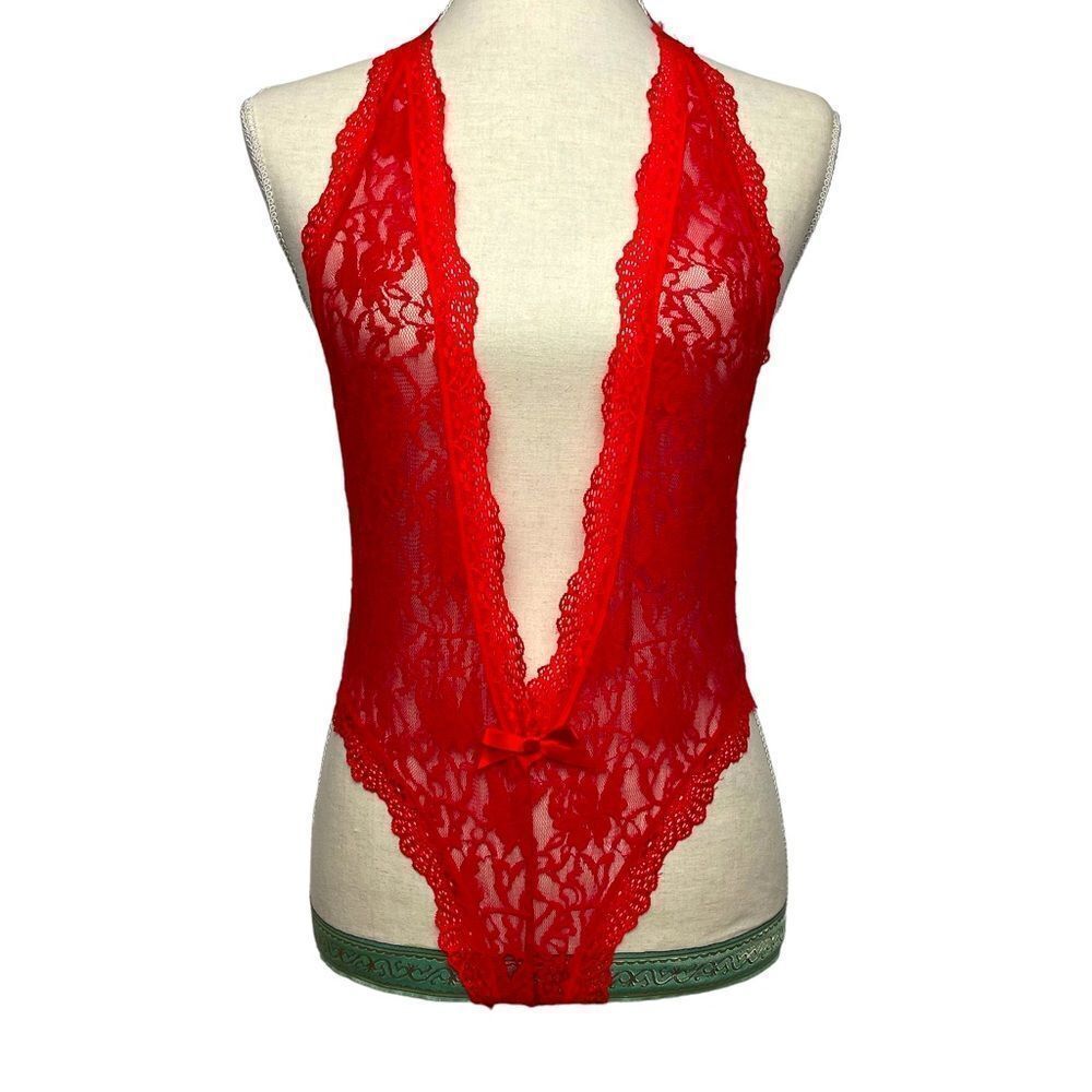 Solid Red Deep V Neck Halter crotch less thong open back lace lingerie size M